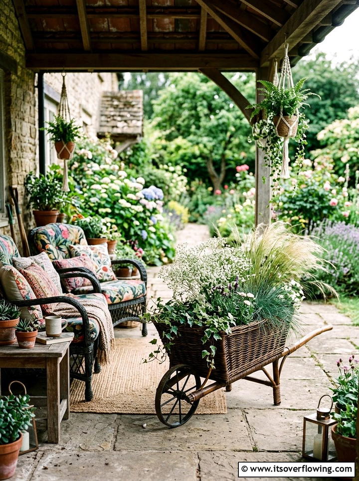 Wicker Wheelbarrow Planter - 25 backyard ideas with wheelbarrow planter