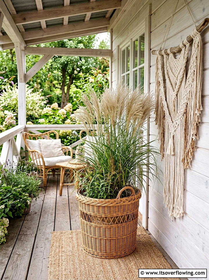 Wicker basket planter - 25 recycled garden ideas for porch decor