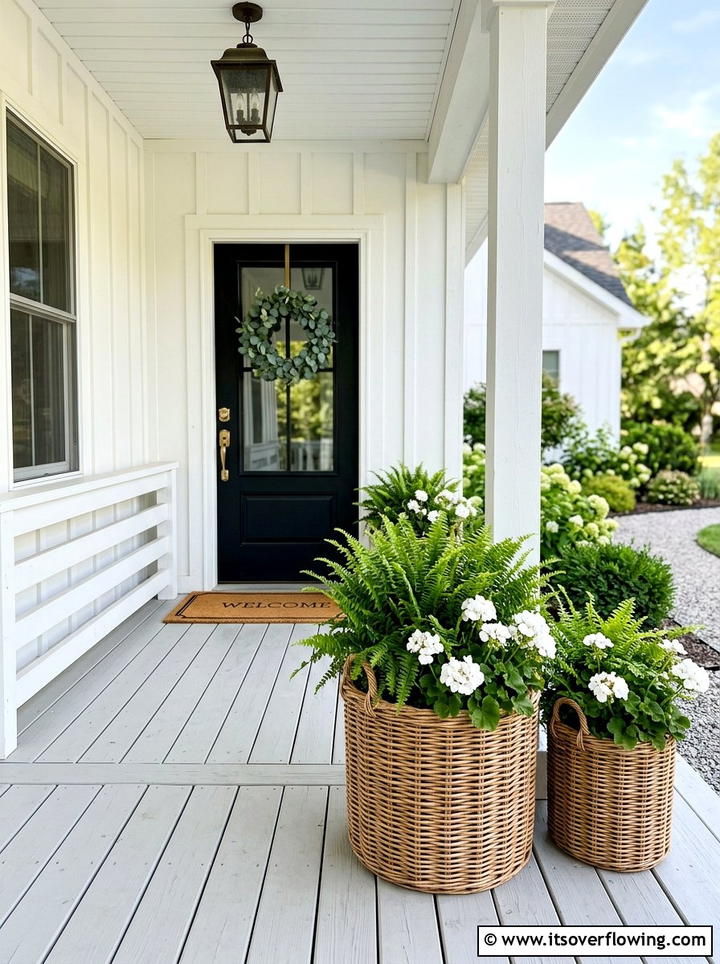 Wicker basket planters - 25 front porch decor ideas with baskets