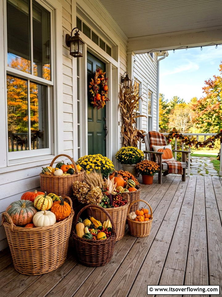 Wicker basket pumpkin porch - 25 front porch ideas with pumpkins