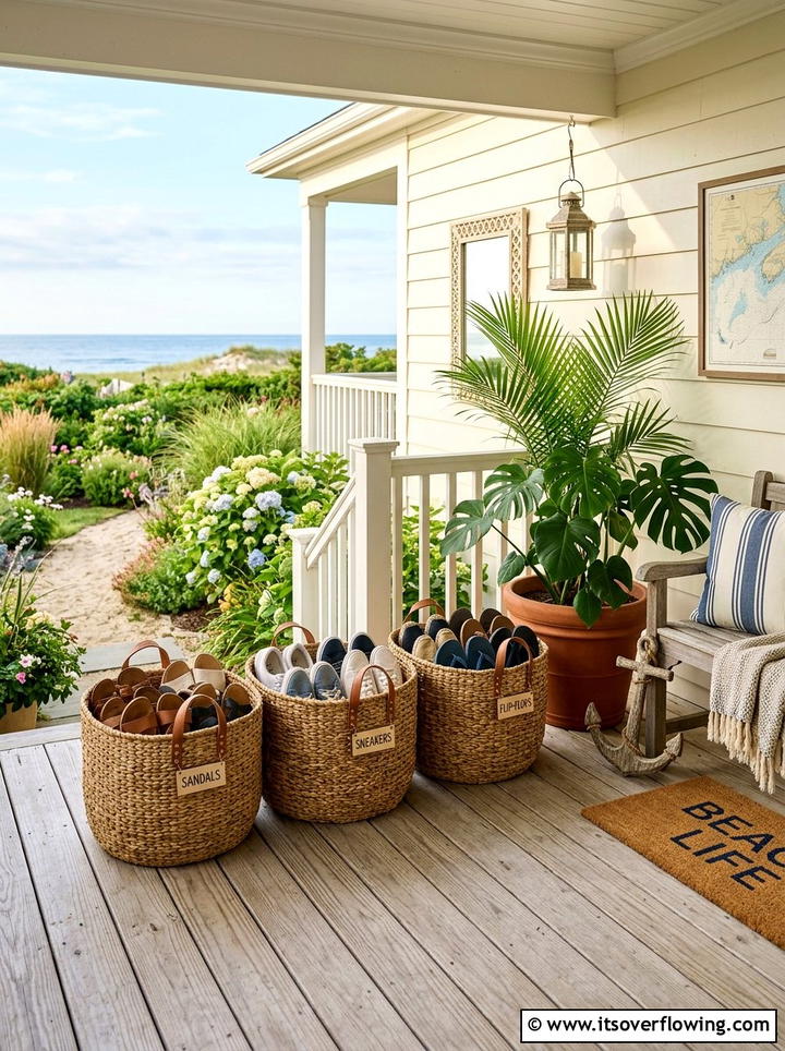 Wicker basket storage for shoes - 25 front porch ideas with shoe storage