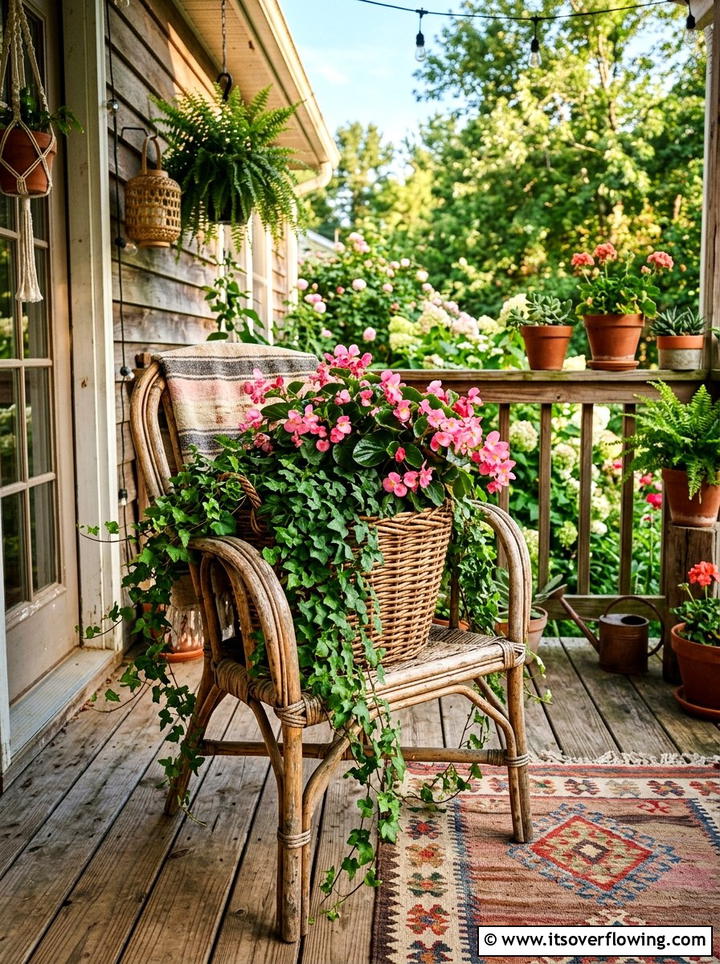 Wicker chair planter - 25 upcycled garden ideas with old chairs