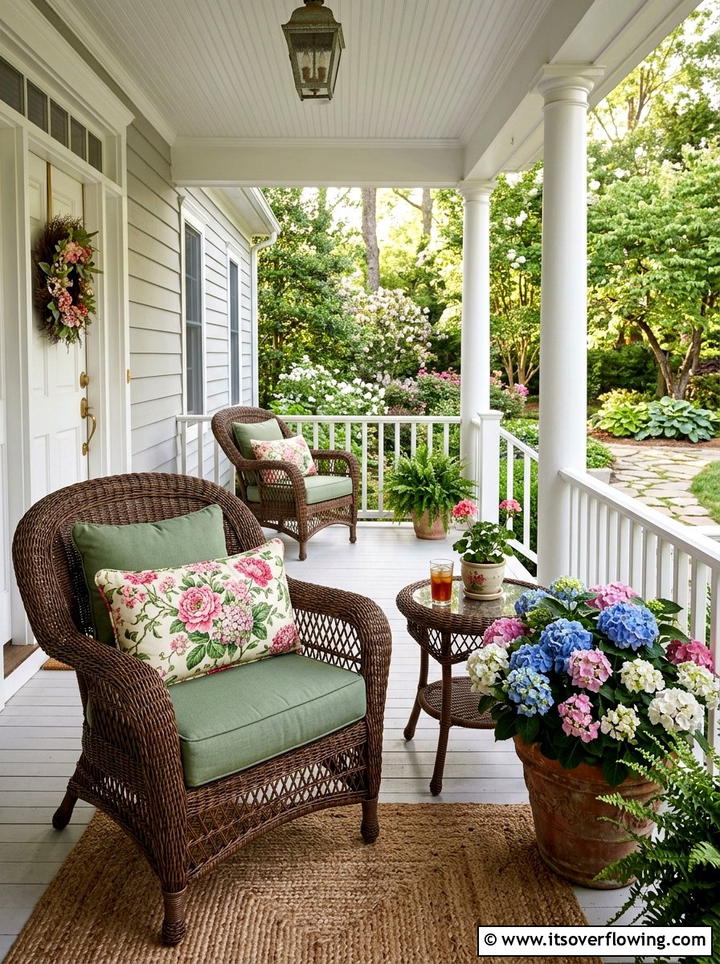 Wicker chair with floral outdoor pillows - 25 front porch decor ideas with pillows