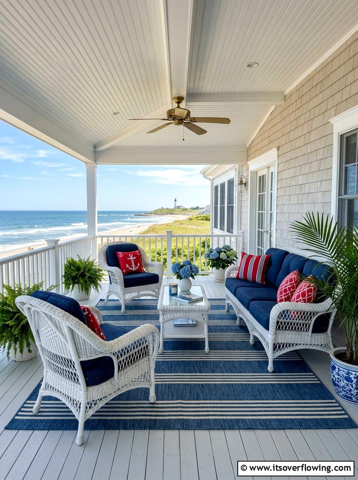 Wicker furniture with navy cushions - 25 front porch ideas with patriotic decor