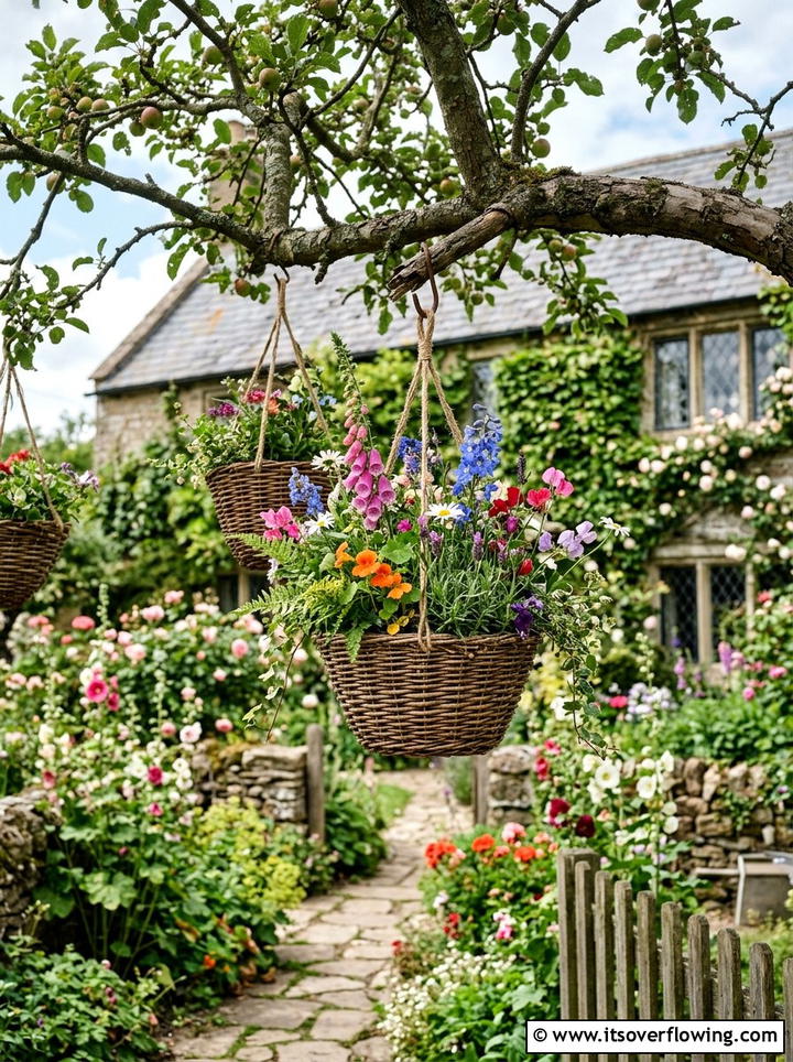 Wicker hanging baskets rustic style - 25 cheap garden ideas with hanging baskets