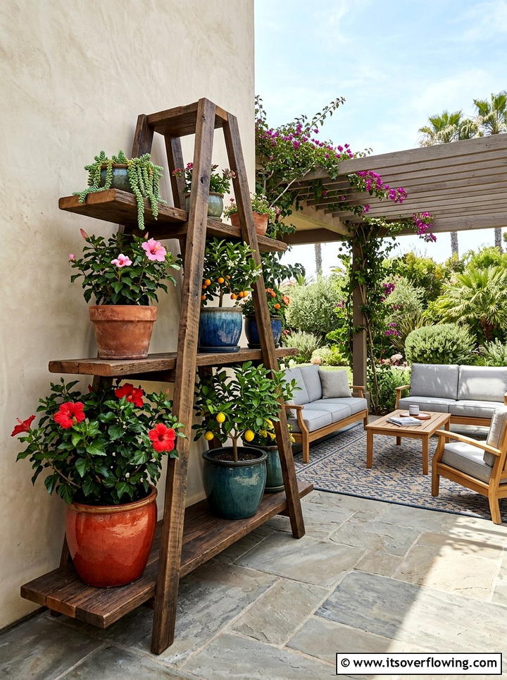 Wide Plank Large Pot Ladder - 25 garden decor ideas with floral ladders