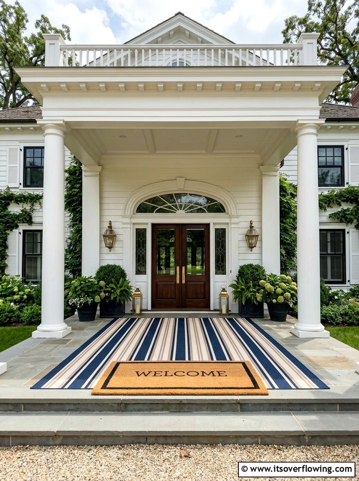 Wide striped porch rug with oversized mat - 25 front porch decor ideas with layered mats