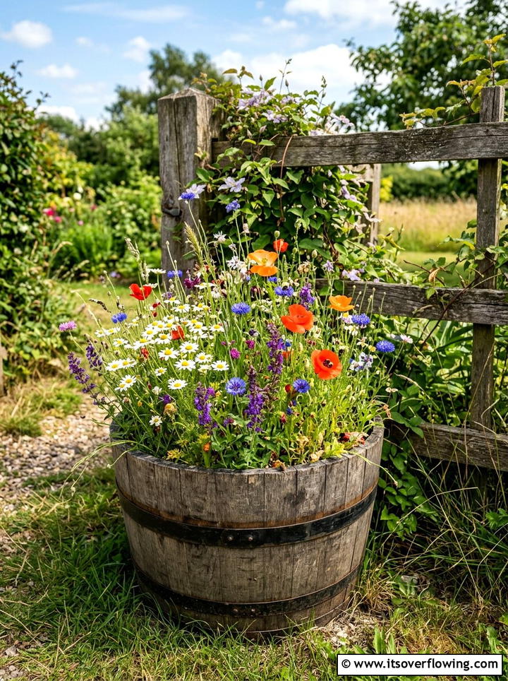 Wildflower Barrel Planter - 25 backyard ideas with barrel planter