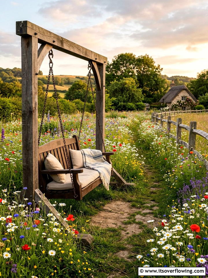 Wildflower Garden With Wooden Swing - 25 small garden ideas with cozy seating