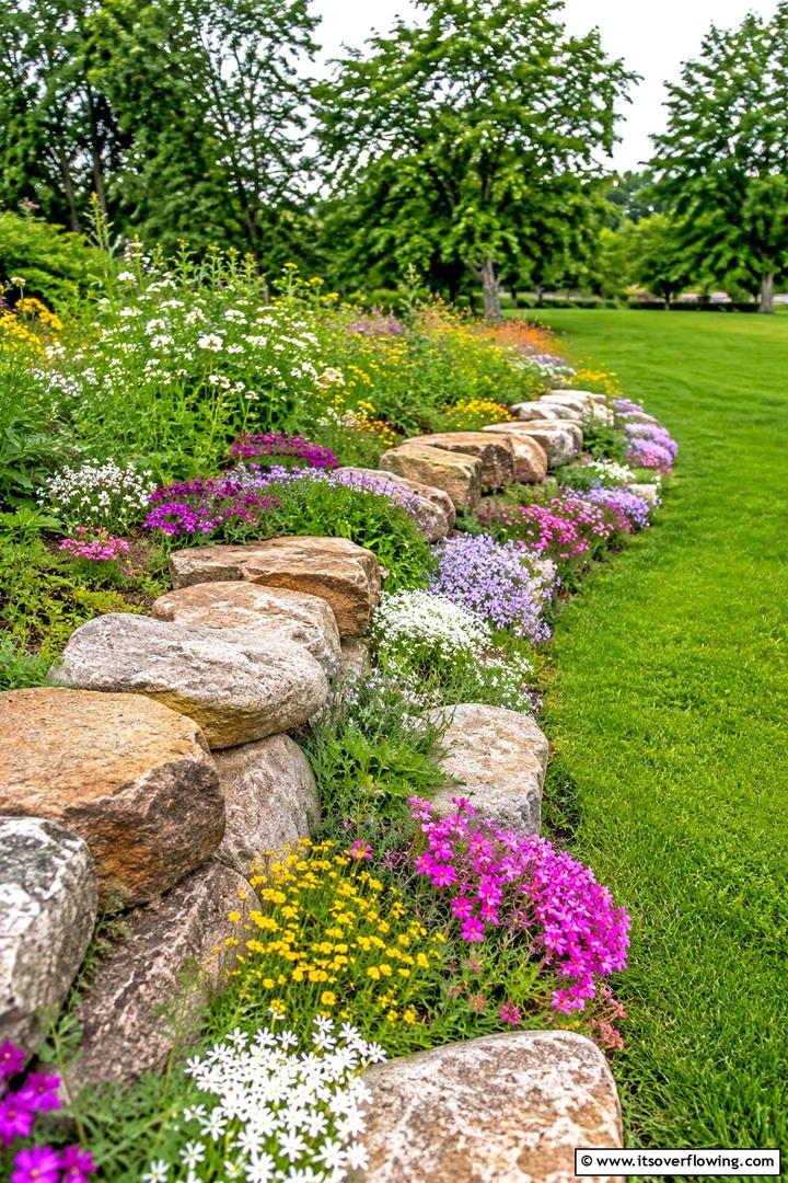 Wildflower Interspersed Stone Border - 30 Stone Garden Edging Ideas for Defined Outdoor Spaces