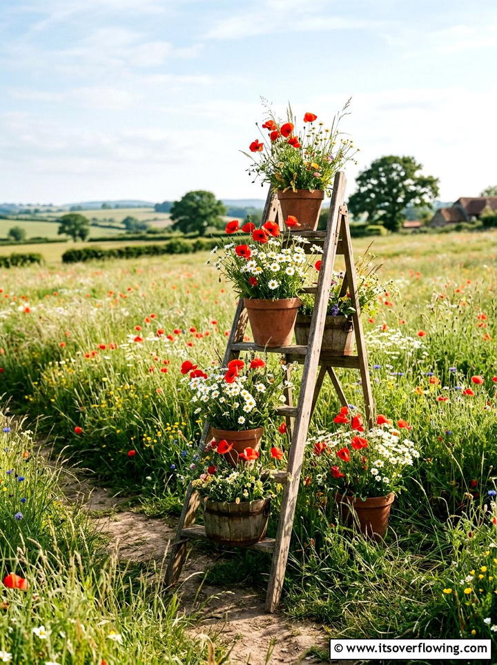 Wildflower Ladder Display - 25 backyard ideas with old ladder planter