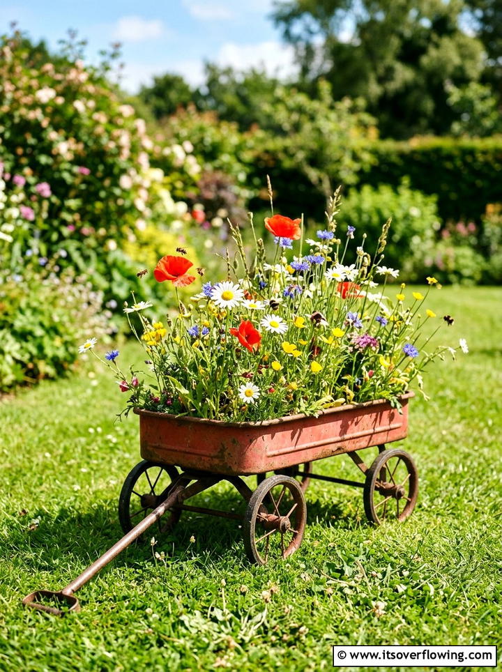 Wildflower Meadow In Small Wagon - 25 upcycled garden ideas with old wagons