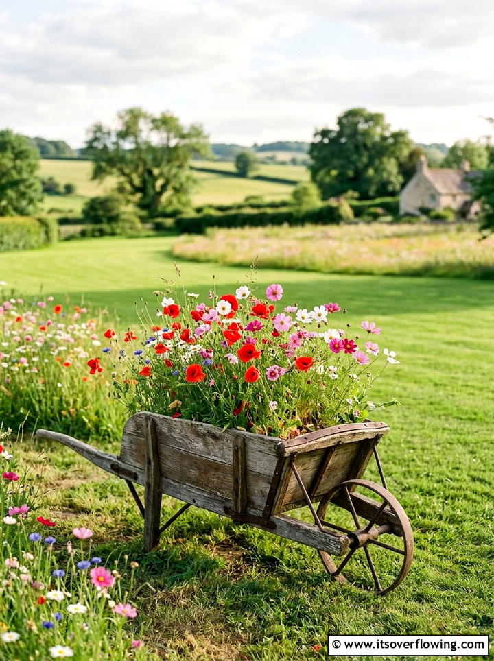 Wildflower Meadow Wheelbarrow - 25 garden decor ideas with wheelbarrows