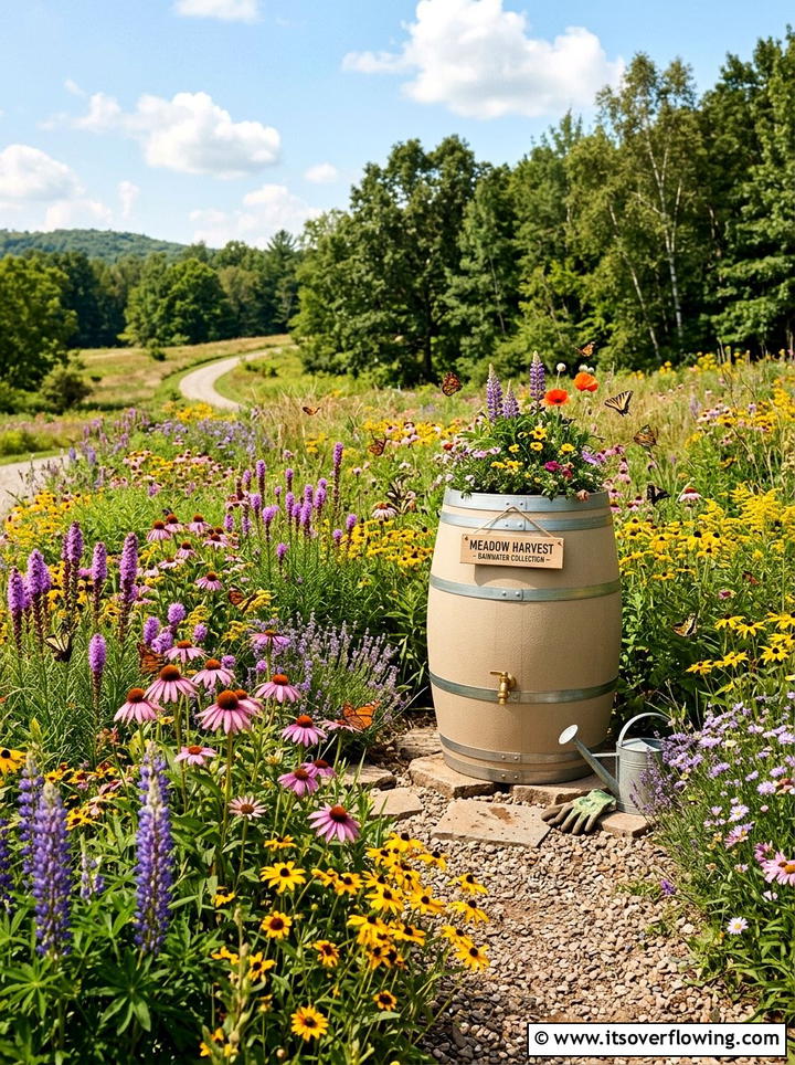 Wildflower Rain Barrel Display - 25 upcycled garden ideas with rain barrels