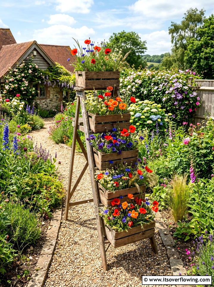 Wildflower Tiered Garden Display - 25 garden ideas with old ladders