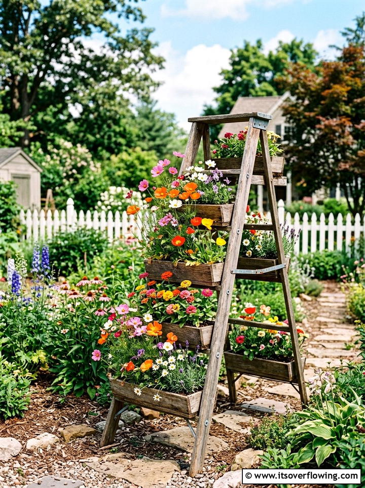 Wildflower Tiered Rack - 25 upcycled garden ideas with old ladders