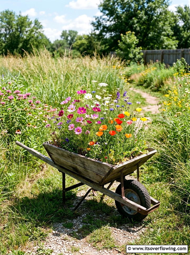 Wildflower Wheelbarrow Planter - 25 backyard ideas with wheelbarrow planter