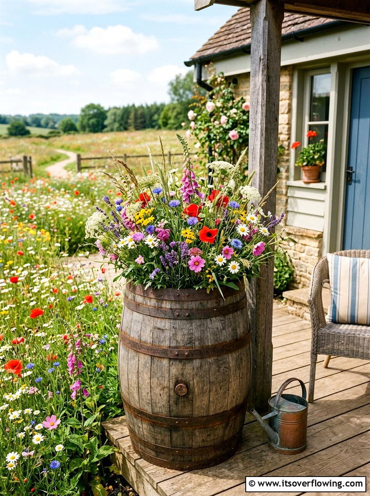 Wildflower barrel porch garden - 25 front porch ideas with barrel planters