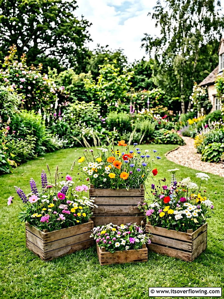 Wildflower crate garden display - 25 backyard ideas with crate planters