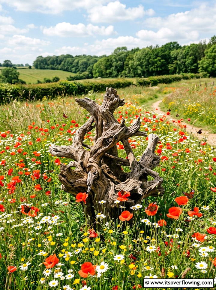 Wildflower garden with organic wood - 25 garden ideas with driftwood sculptures