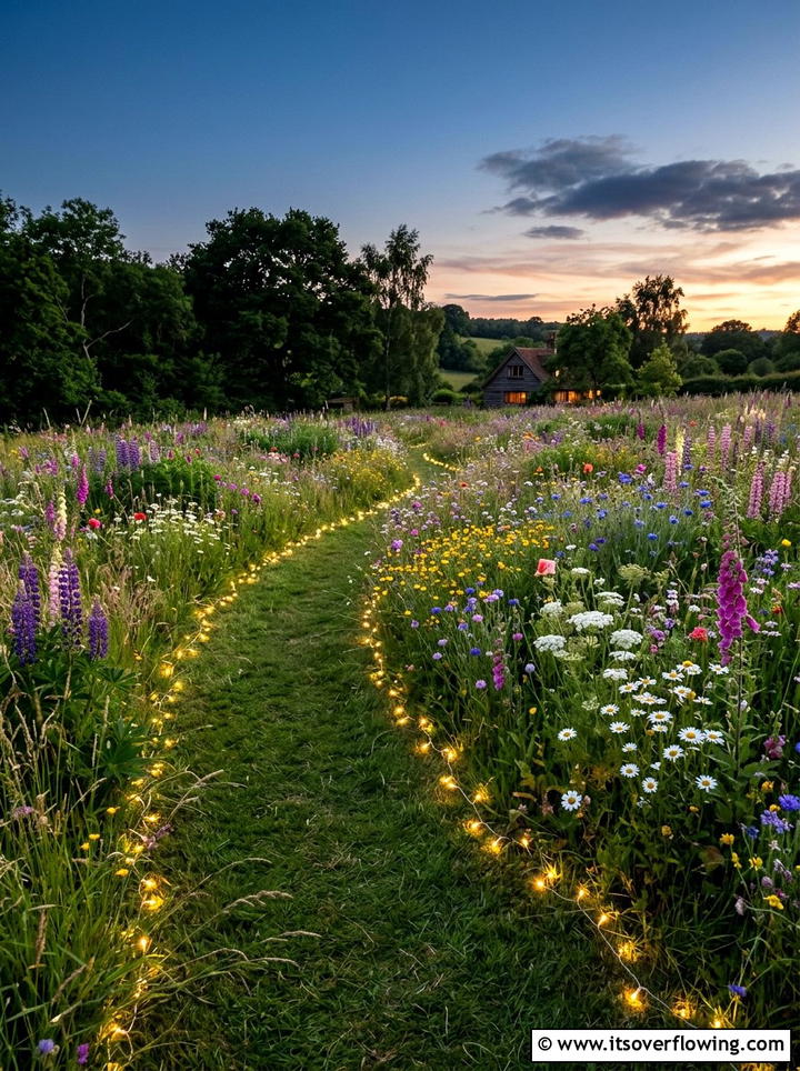 Wildflower garden with soft path glow - 25 creative garden ideas with fairy light pathways