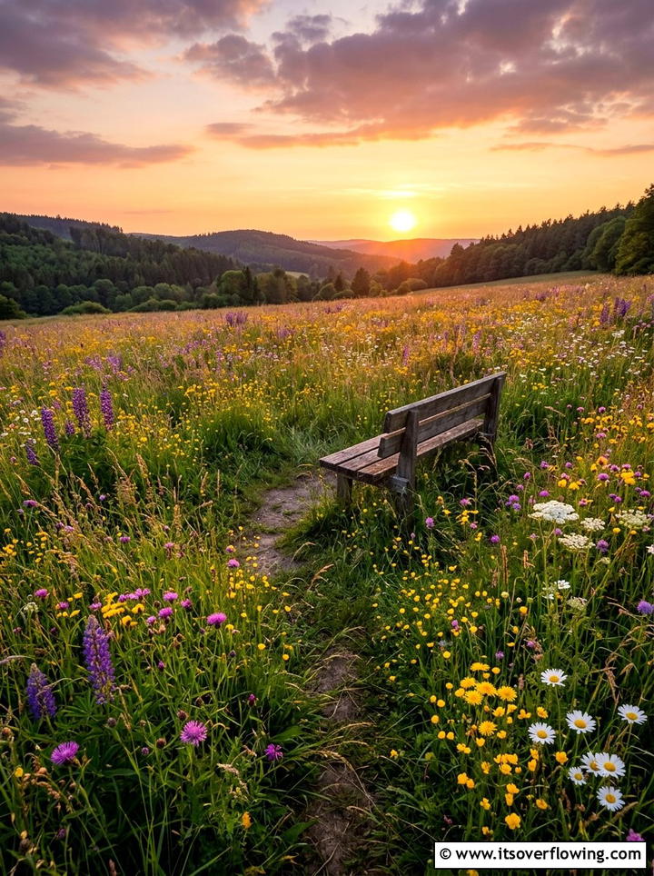 Wildflower meadow with secluded garden bench - 25 backyard ideas with benches