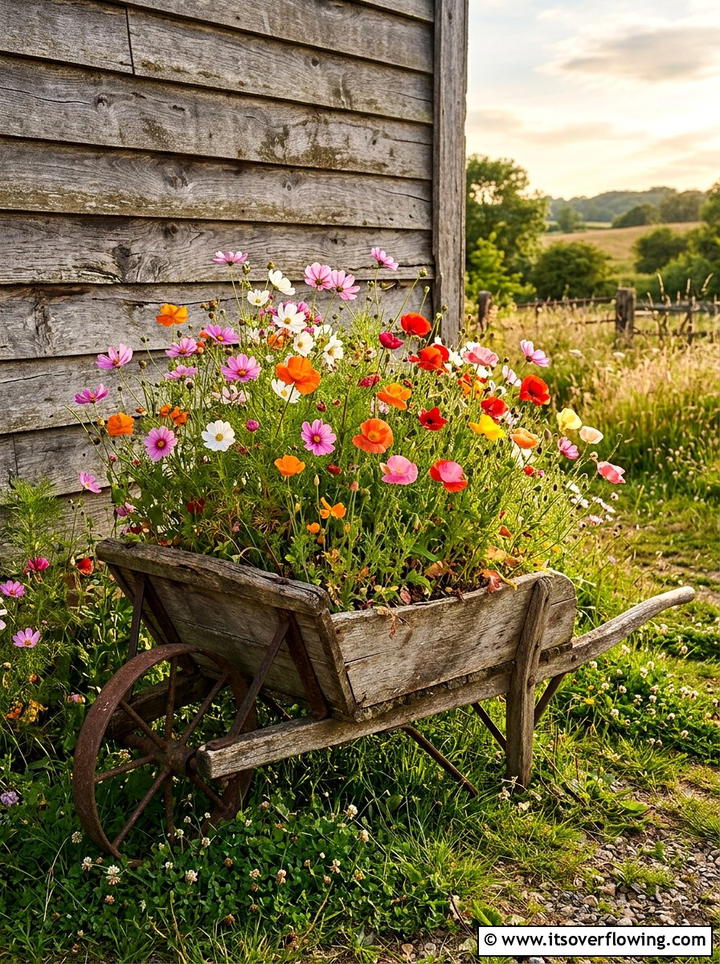 Wildflower wheelbarrow bed - 25 upcycled garden ideas with old wheelbarrows