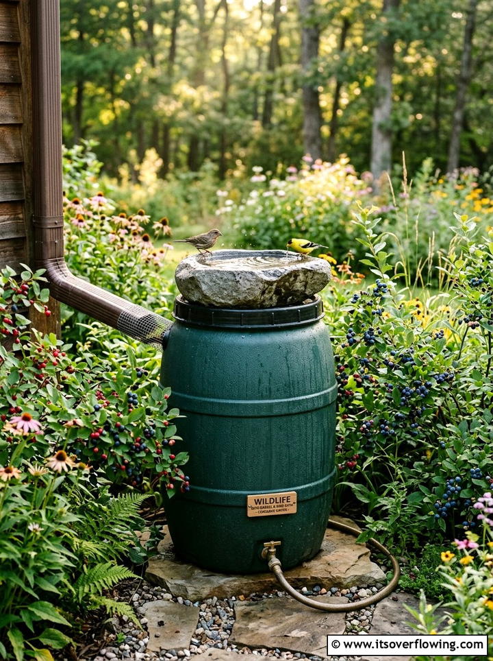 Wildlife Friendly Rain Barrel With Bird Bath - 25 backyard ideas with rain barrel setup