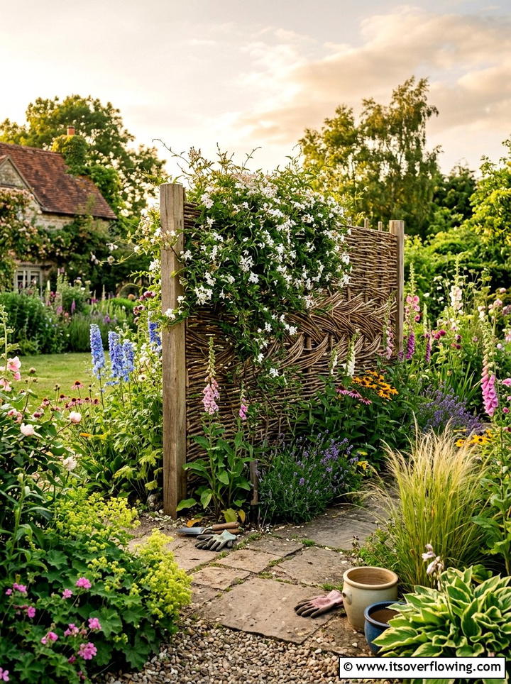 Willow branch woven screen - 25 cheap garden ideas with homemade trellis