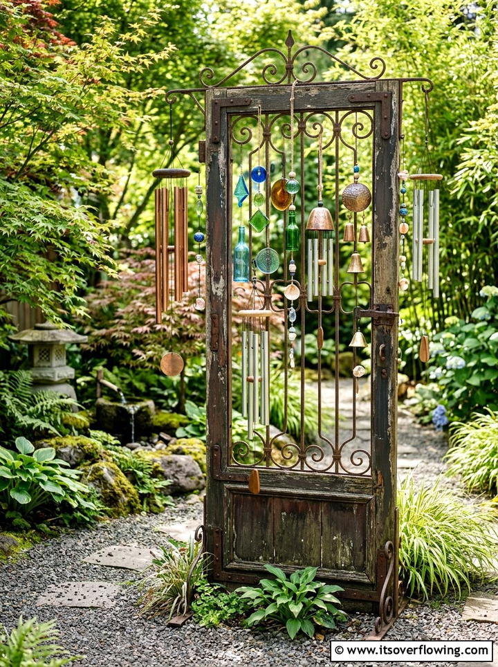 Wind chime stand - 25 upcycled garden ideas with old gates