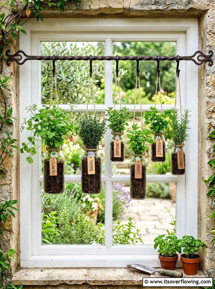 Window Bottle Herb Garden - 25 recycled garden ideas with hanging bottle planters