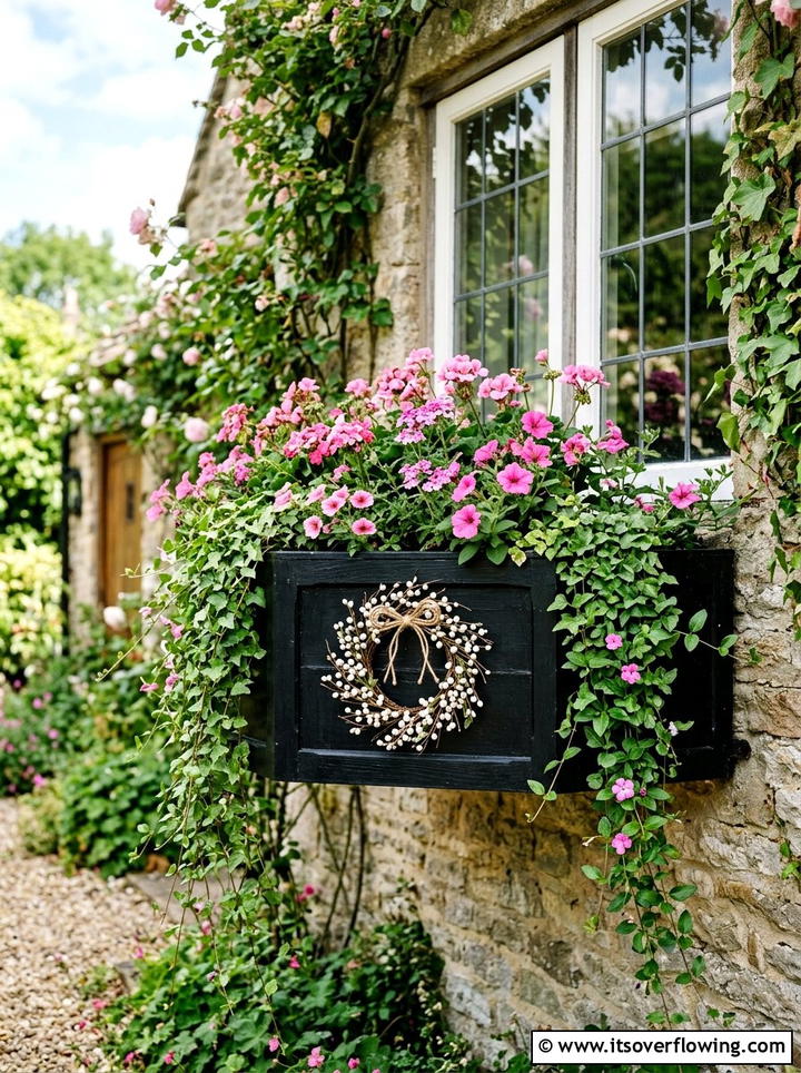 Window Box Wreath - 25 garden decor ideas with seasonal wreaths