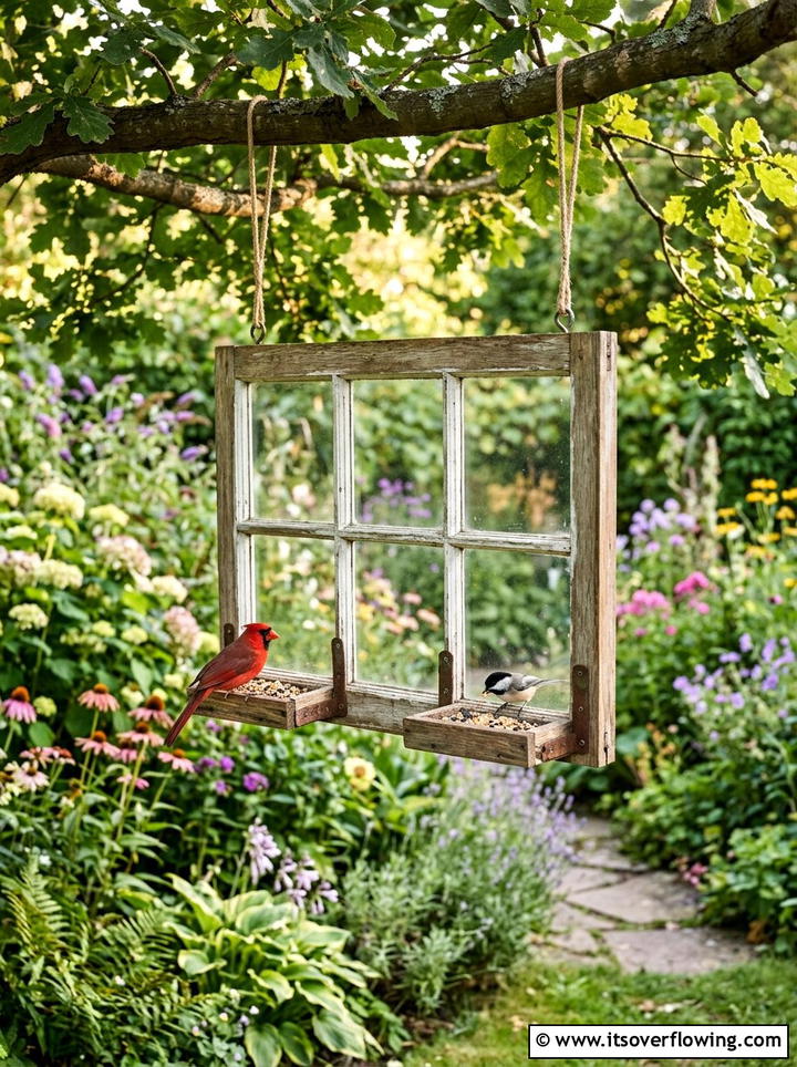 Window Frame Bird Feeder - 25 backyard decorating ideas with old window decor