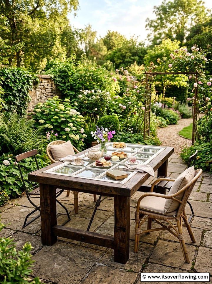 Window Frame Patio Table - 25 upcycled garden ideas with old windows