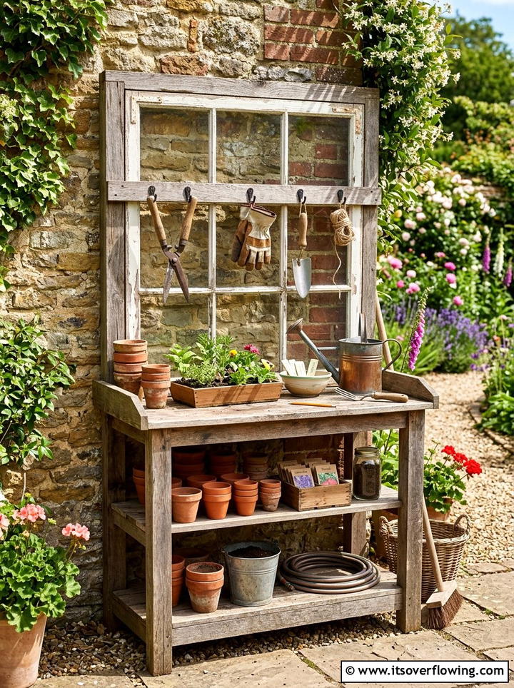 Window Frame Potting Bench - 25 garden decor ideas with old windows