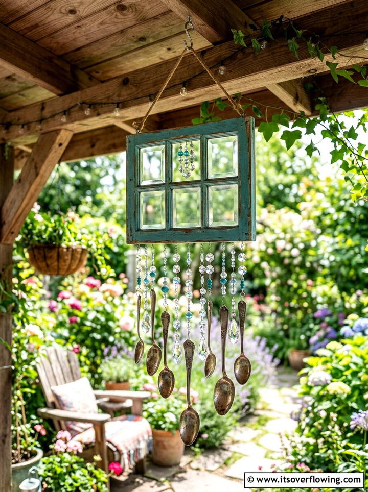 Window Frame Wind Chime - 25 backyard decorating ideas with old window decor