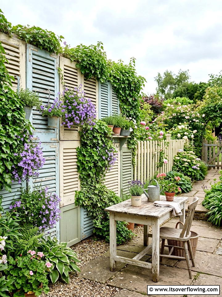Window Shutter Garden Wall - 25 upcycled garden ideas with trellis walls