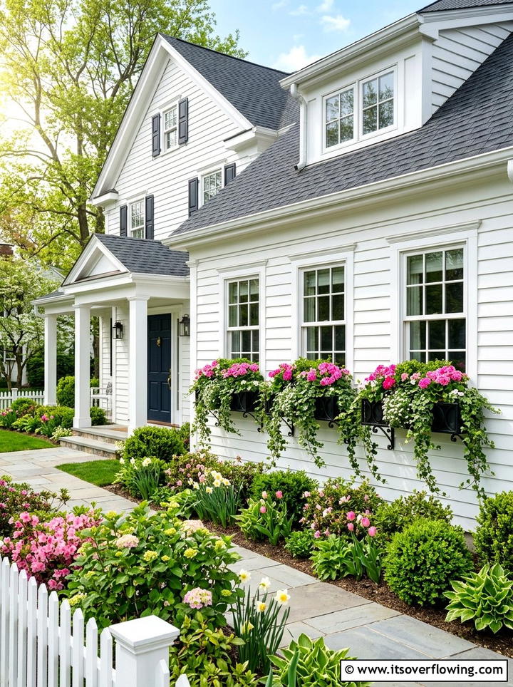 Window boxes with seasonal bedding - 25 small garden ideas for year round color