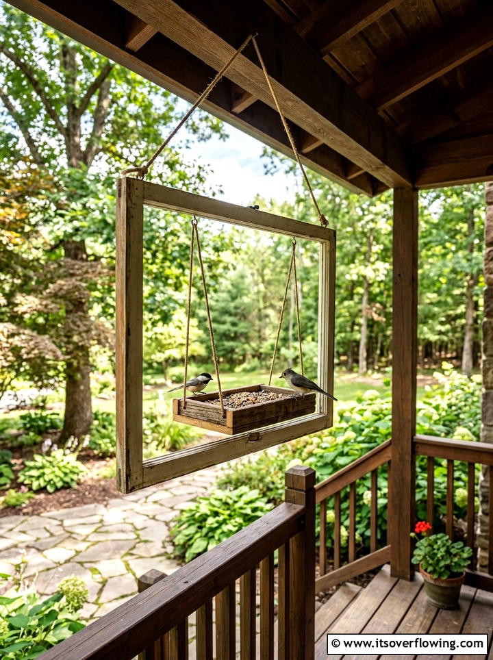 Window frame bird feeder - 25 front porch ideas with repurposed windows