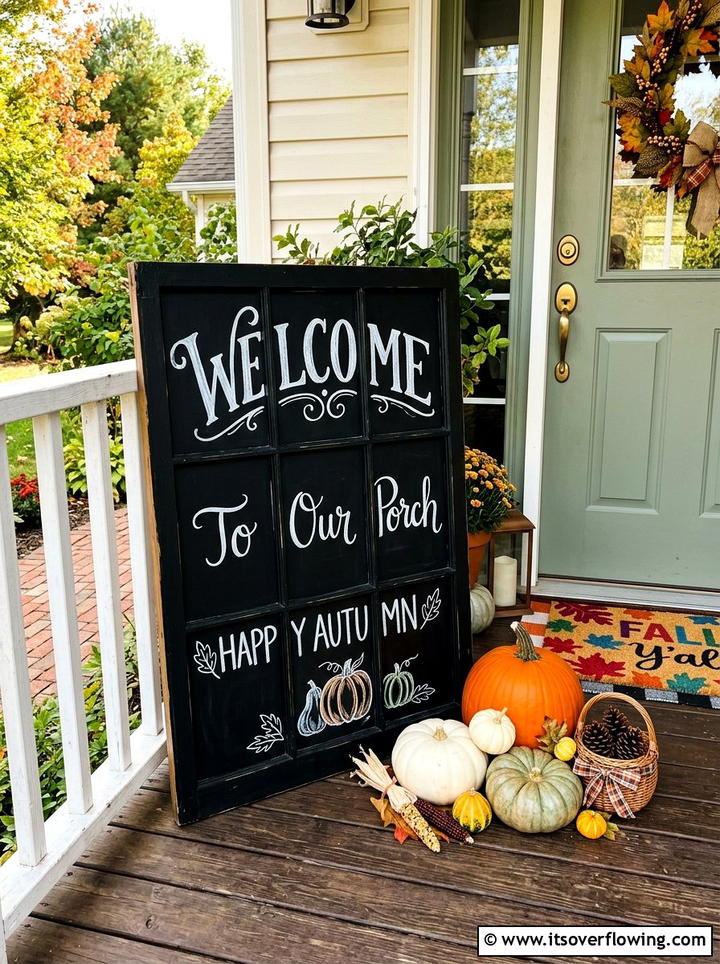 Window frame chalkboard sign - 25 front porch ideas with repurposed windows