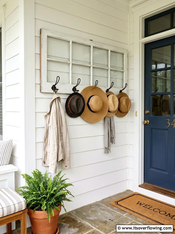 Window frame coat rack - 25 front porch ideas with repurposed windows