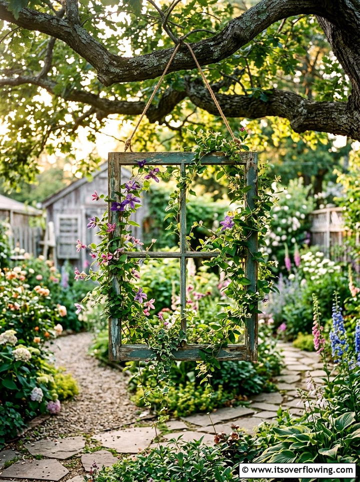 Window frame garden accent - 25 cheap garden ideas with homemade trellis