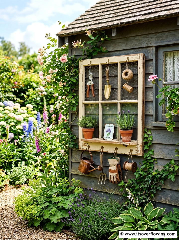 Window frame garden organizer - 25 upcycled garden ideas with tool storage