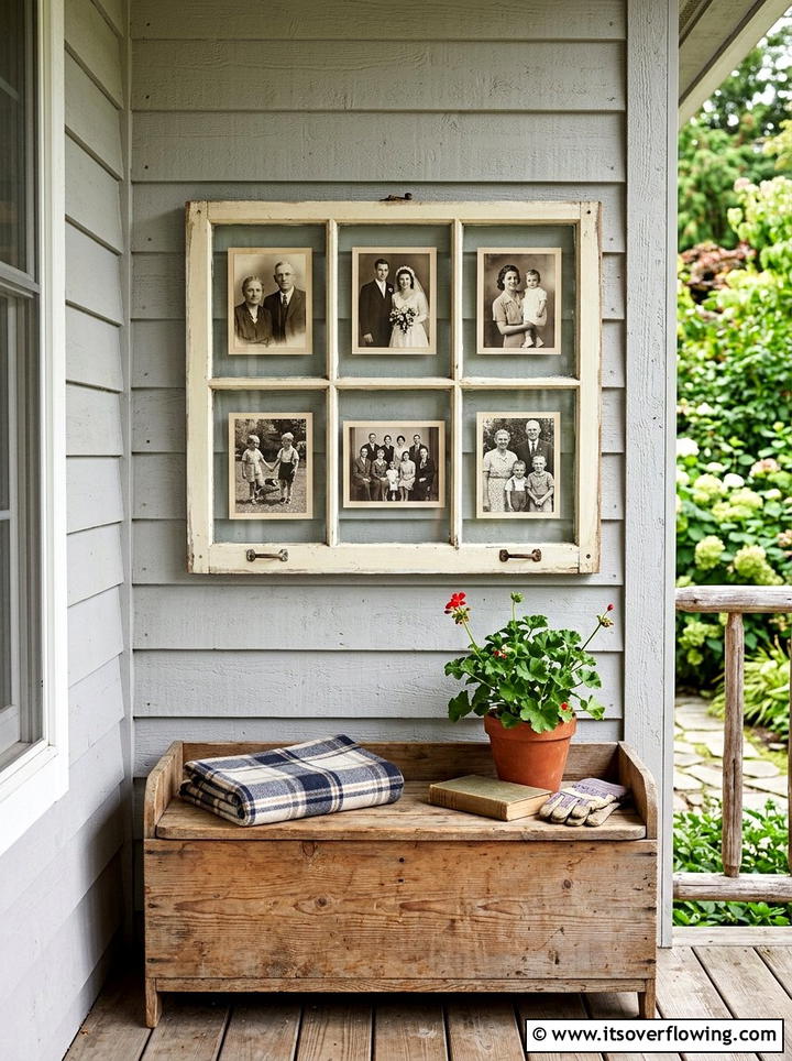 Window pane photo display - 25 front porch ideas with repurposed windows