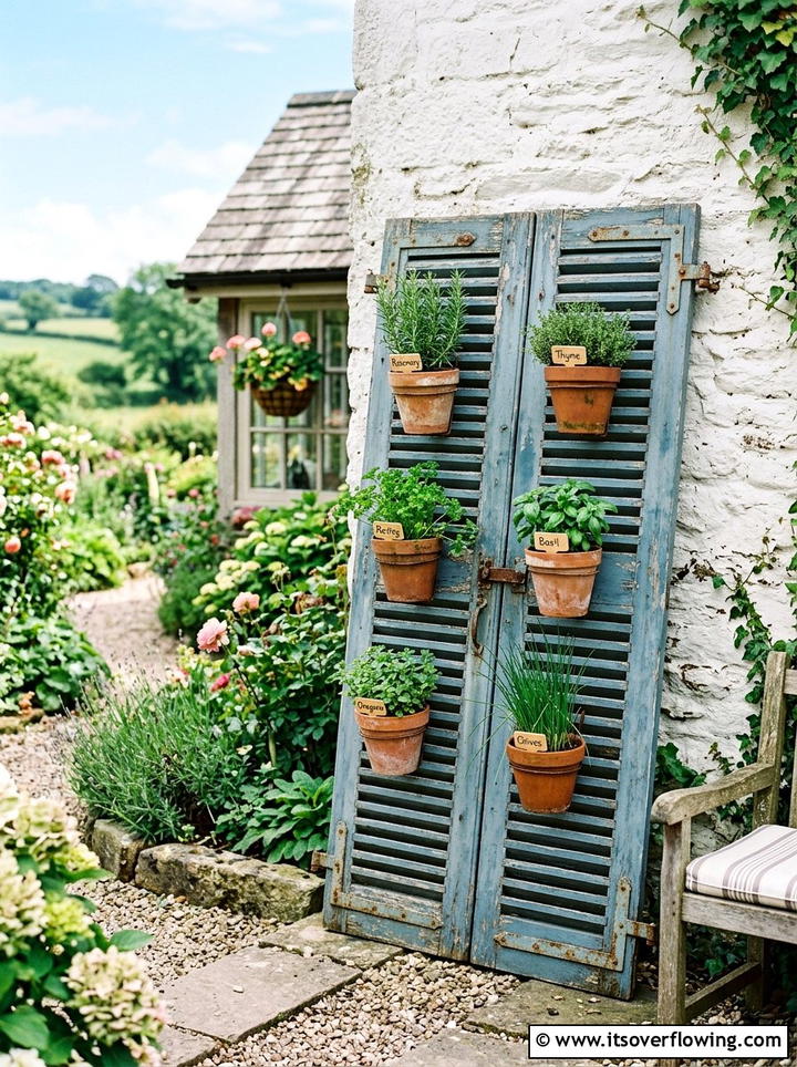 Window shutter plant display - 25 upcycled garden ideas with vertical gardens