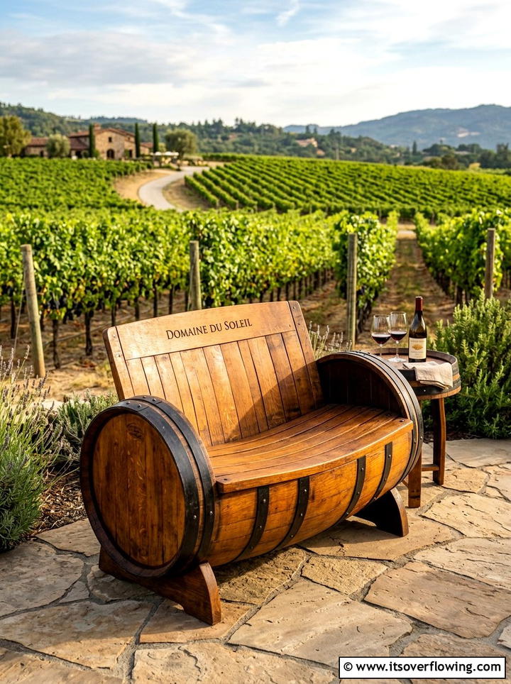 Wine Barrel Garden Bench - 25 upcycled garden ideas with garden benches