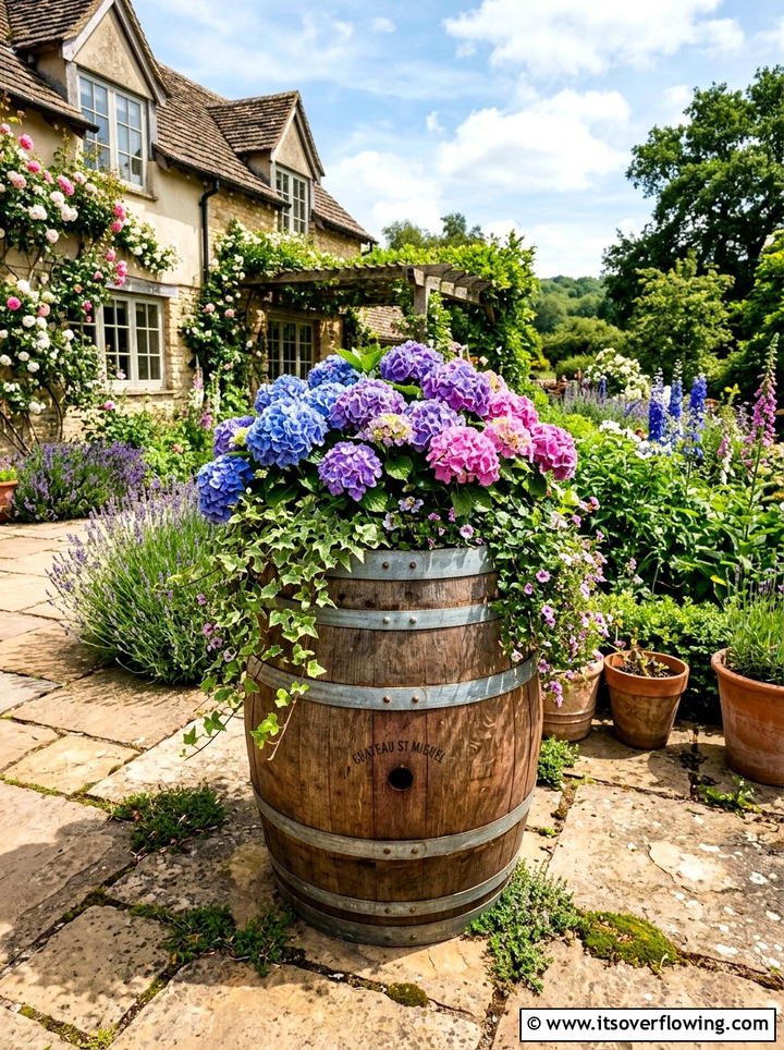 Wine Barrel Planter - 25 upcycled garden ideas with old barrels