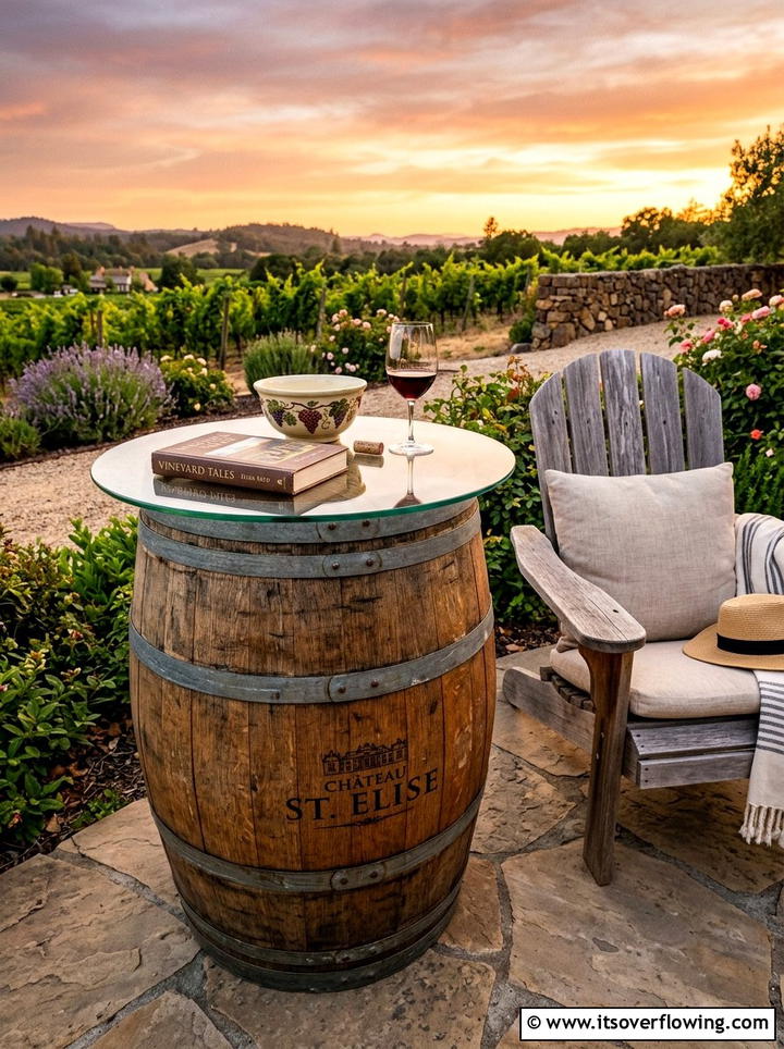 Wine Barrel Side Table - 25 upcycled garden ideas for patios