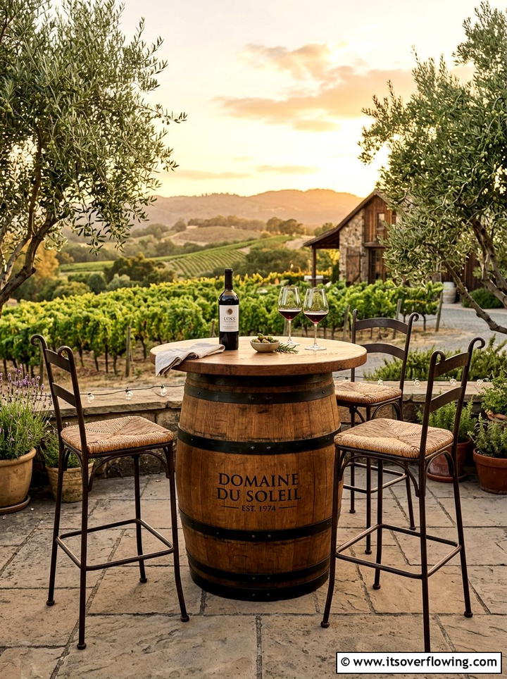 Wine Barrel Table - 25 upcycled garden ideas with outdoor tables