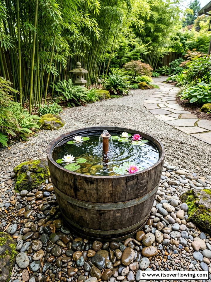Wine Barrel Water Feature - 25 garden decor ideas with barrels